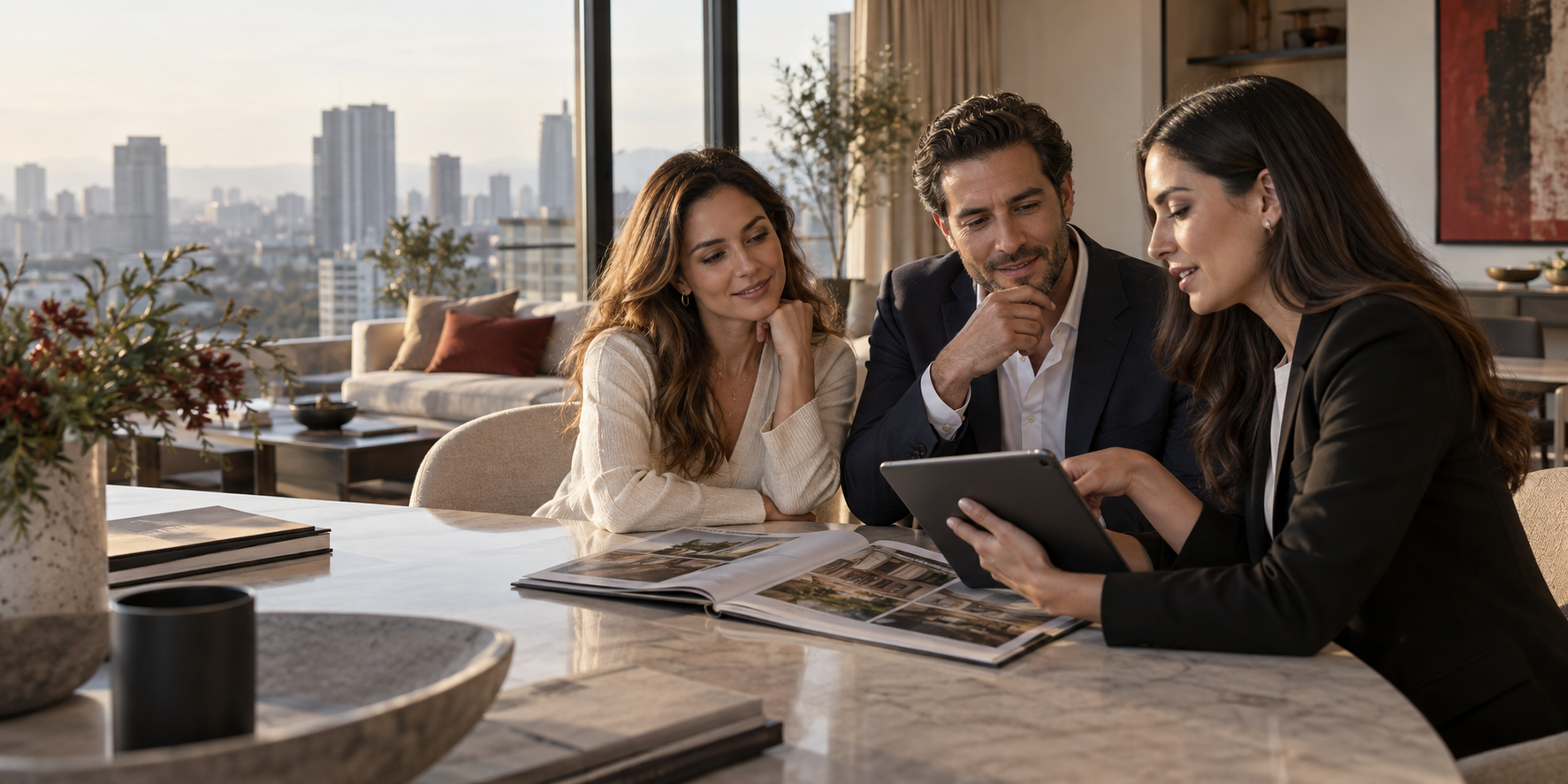 Pareja conociendo opciones de inversión inmobiliaria con una asesora de Marhnos Hábitat